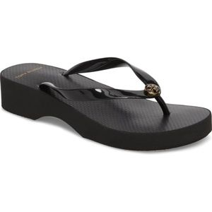 Tory Burch Logo "Wedge" Flip Flops-Size 8-Black